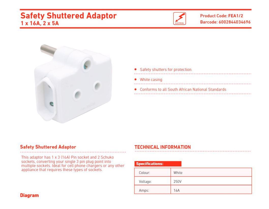 Ellies: Safety Shuttered Direct Plug Adaptor – 1 x 16A, 2 x 5A (FEA1/2)
