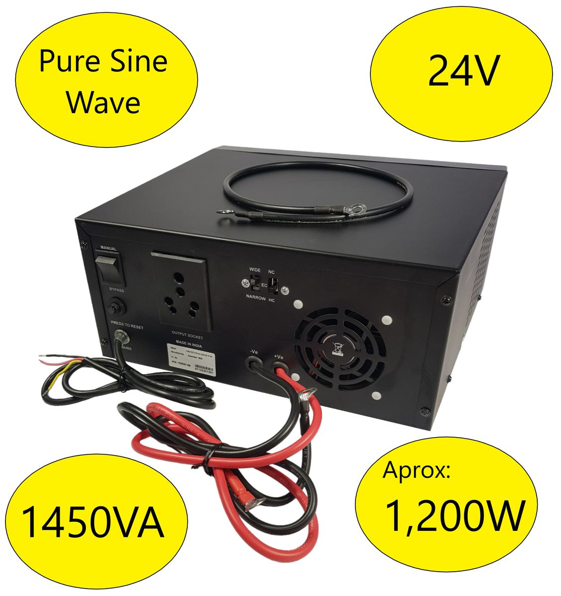 24V Pure Sine Inverter / UPS 1,450VA, 1,200W: Black