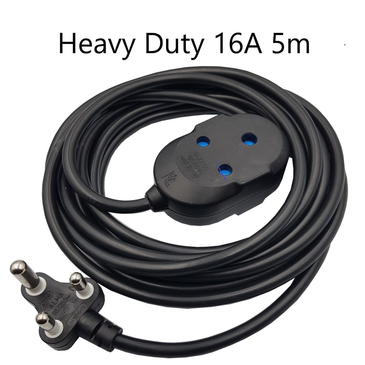 5m Black Heavy Duty 16A Extension Electrical Lead / Cable: Double Coupler