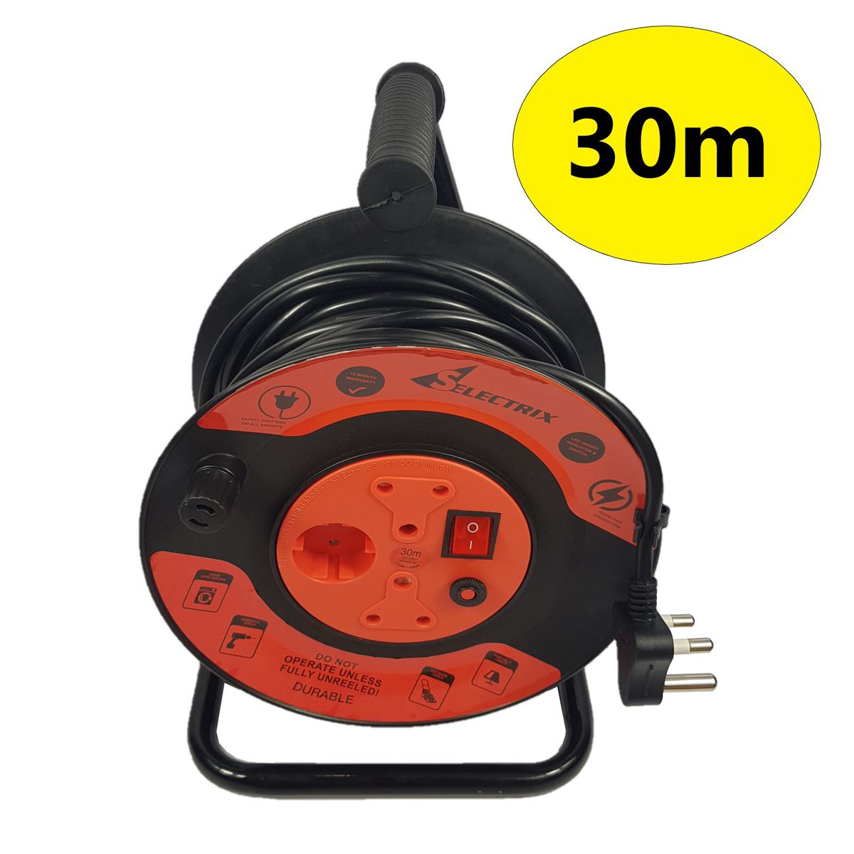 30m Open Extension Reel 3-Way with Switch: 250V ~ 2 x 10A/ 1 x 5A (Max 10A)