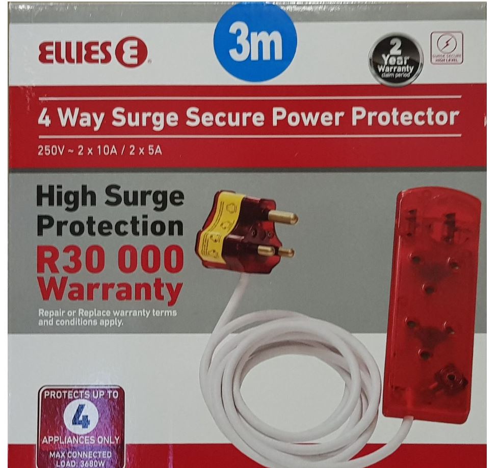 High Surge Protection 4 Way Multi-plug + 3m extension with a R30 000 Warranty