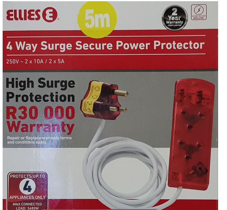 High Surge Protection 4 Way Multi-plug + 5m extension with R30 000 Warranty