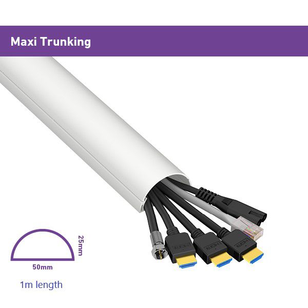 D-Line: Half Round White Cable Management Trunking - 50mm x 25mm x 1m