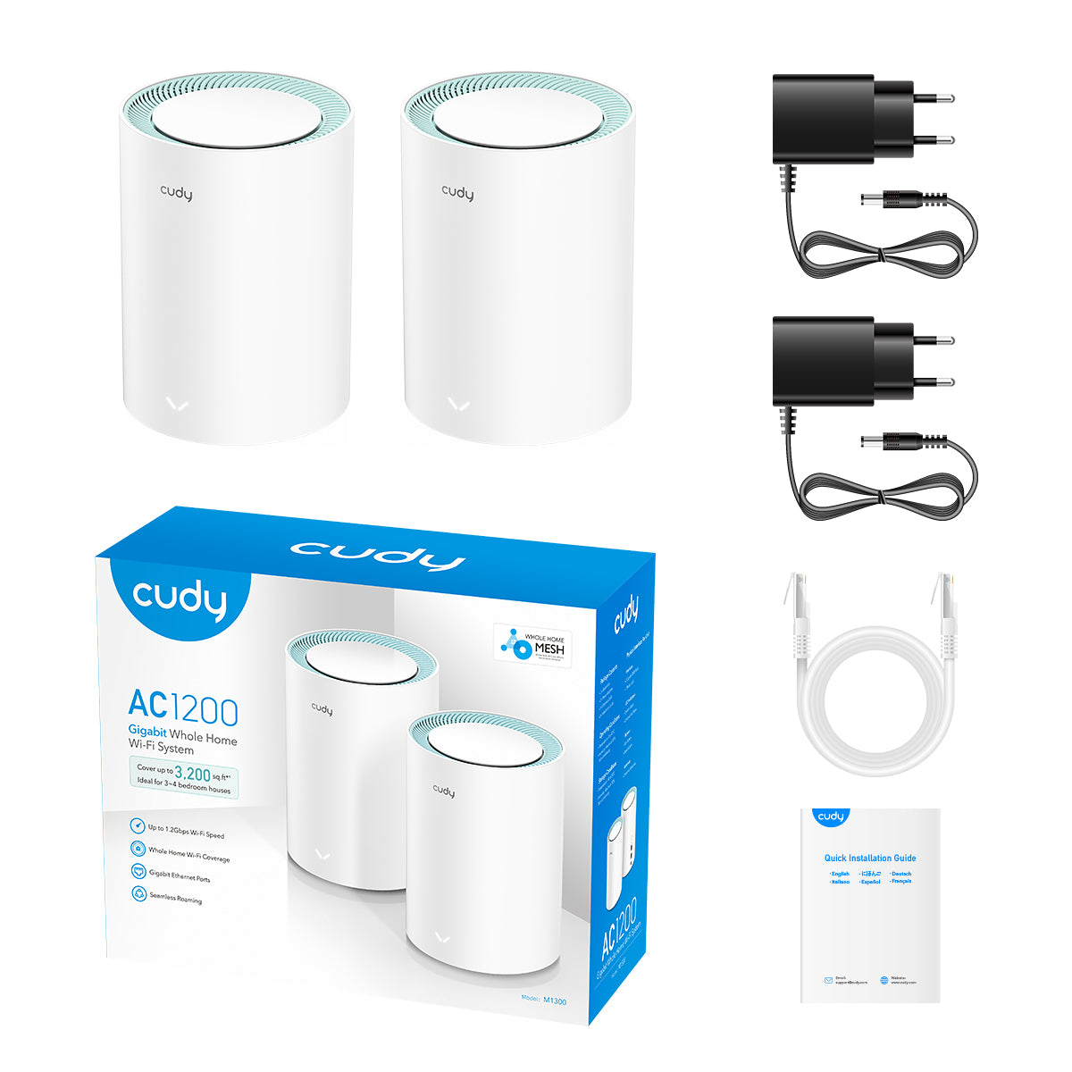 Cudy Dual Band WiFi 5 1200Mbps Gigabit Mesh Router 2 Pack | M1300 (2-Pack)