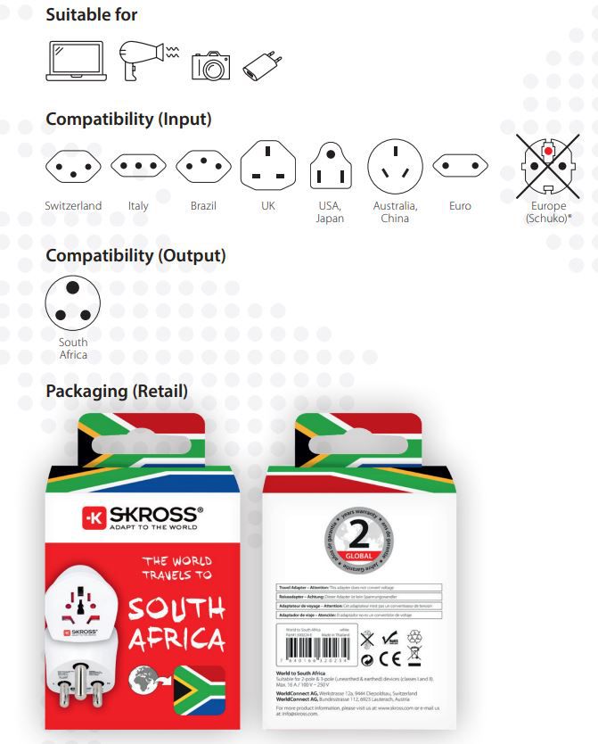 SKROSS: Travel Adapter: World to South Africa range