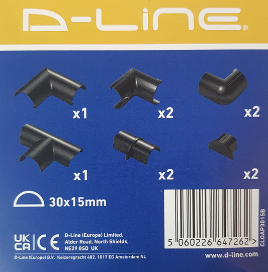 d-line Trunking Accessories pack: For 30mm x 15mm half round trunking, black: Bends, Ends and Adapters. (Copy) (Copy) (Copy) (Copy)