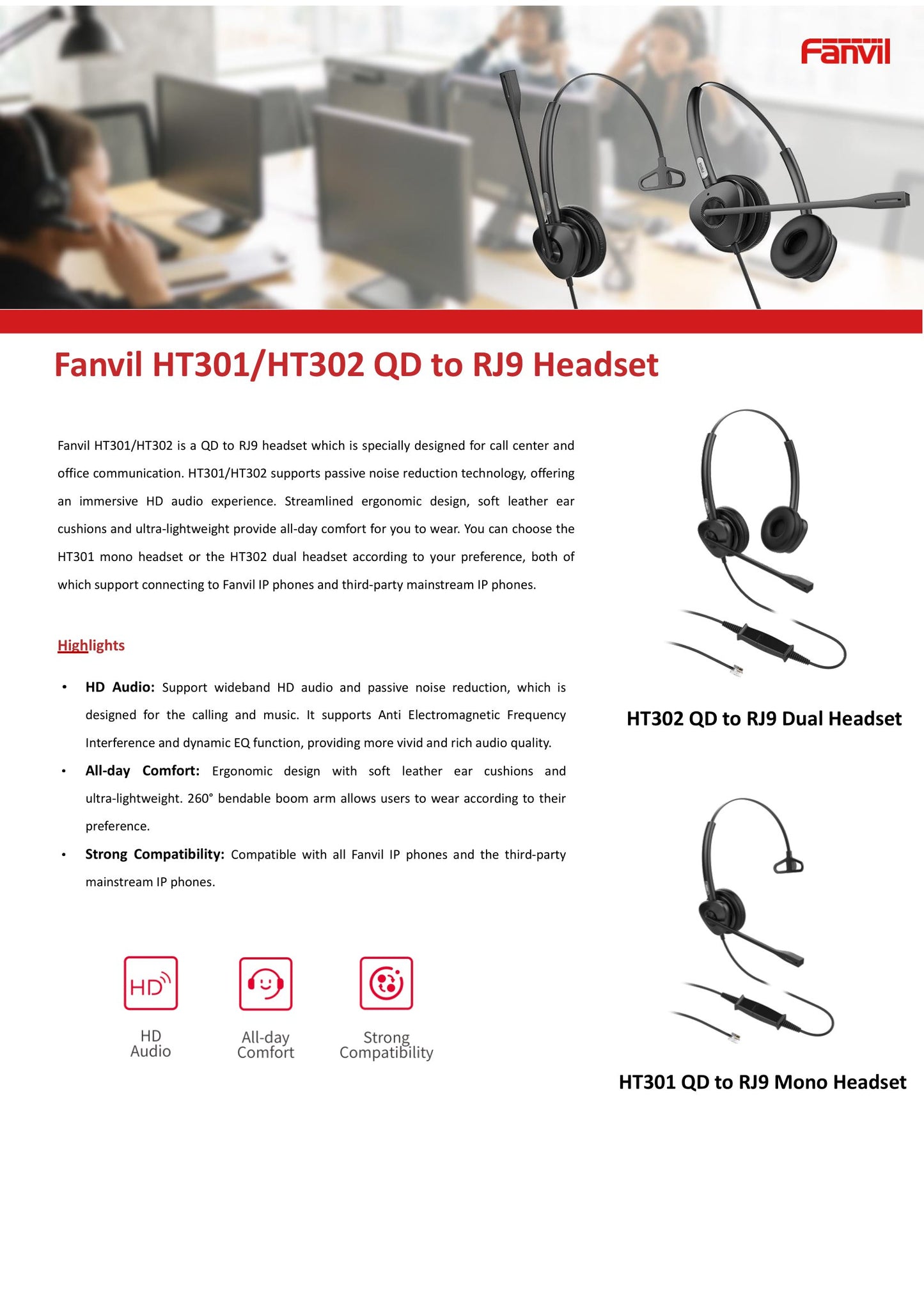 Fanvil Monaural RJ9 Headset with Microphone | HT301