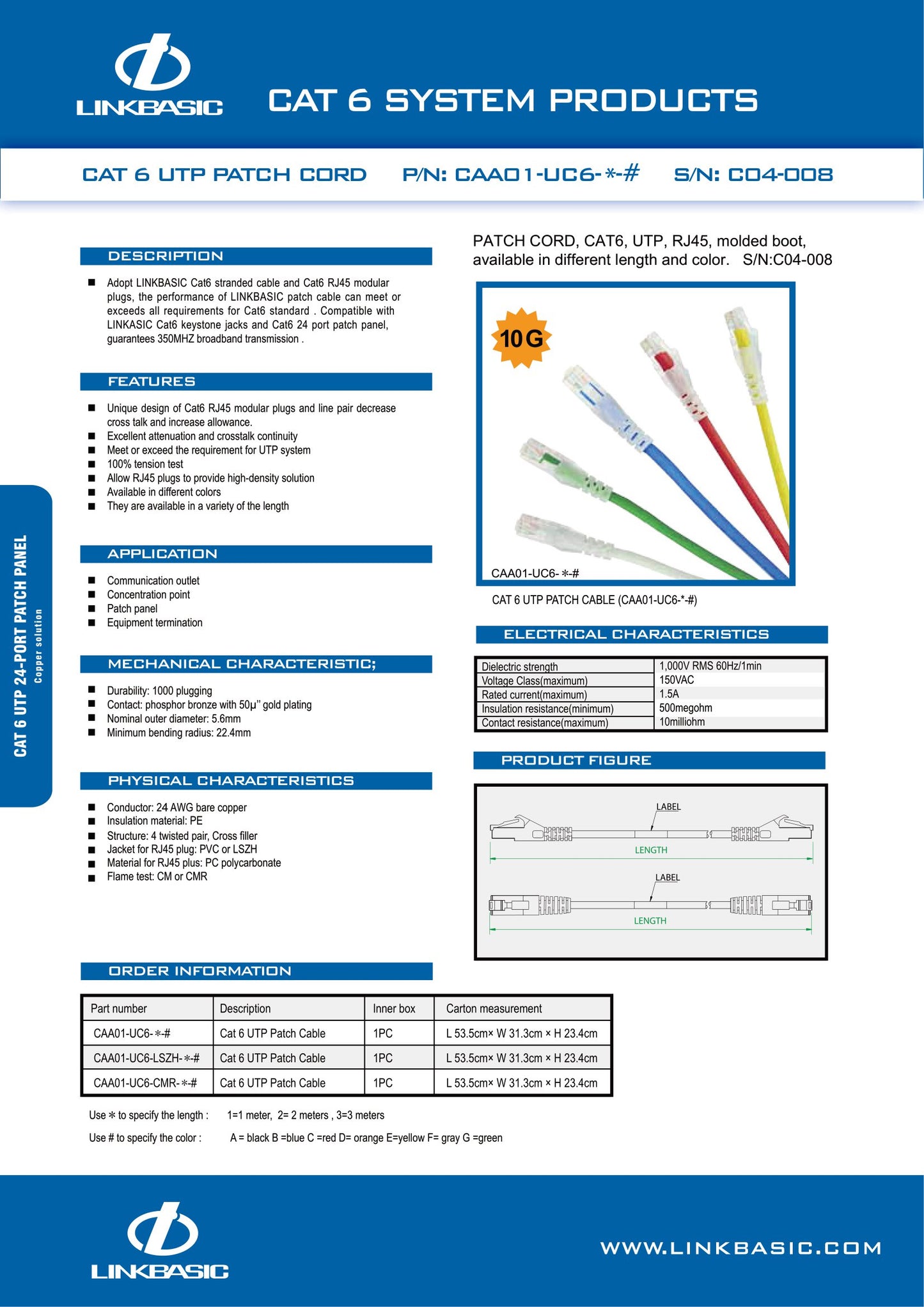 Linkbasic 1 Meter UTP Cat6 Flylead, Patch Cable.