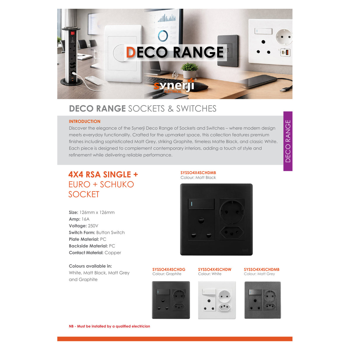 Synerji Deco 4x4 Wall Socket 16A with Euro & Schuko Sockets