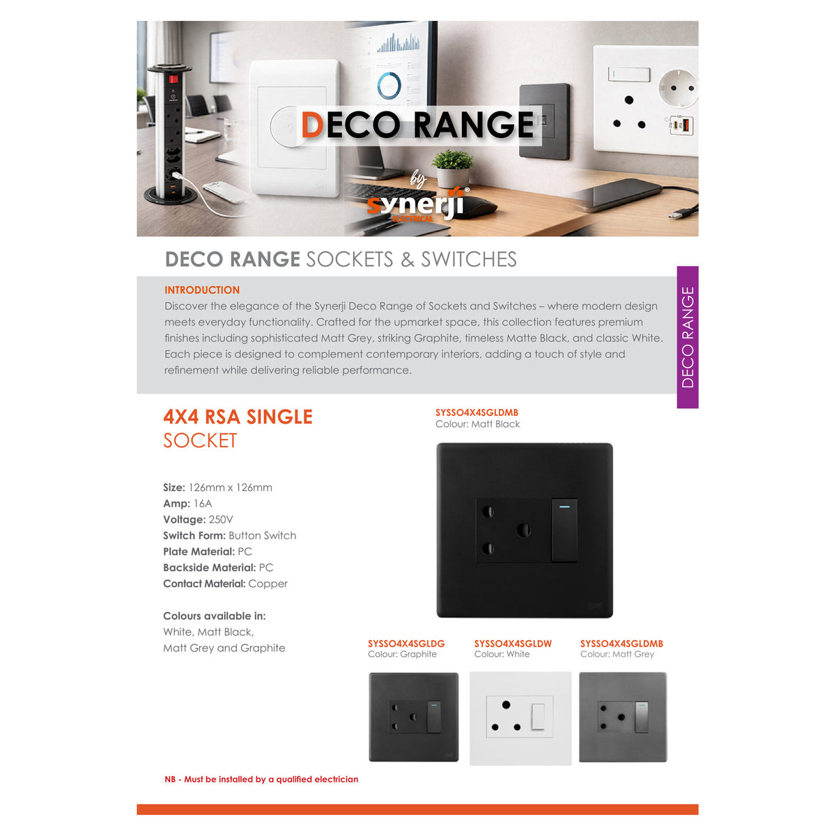 Synerji Deco 4x4 Single Wall Socket 16A