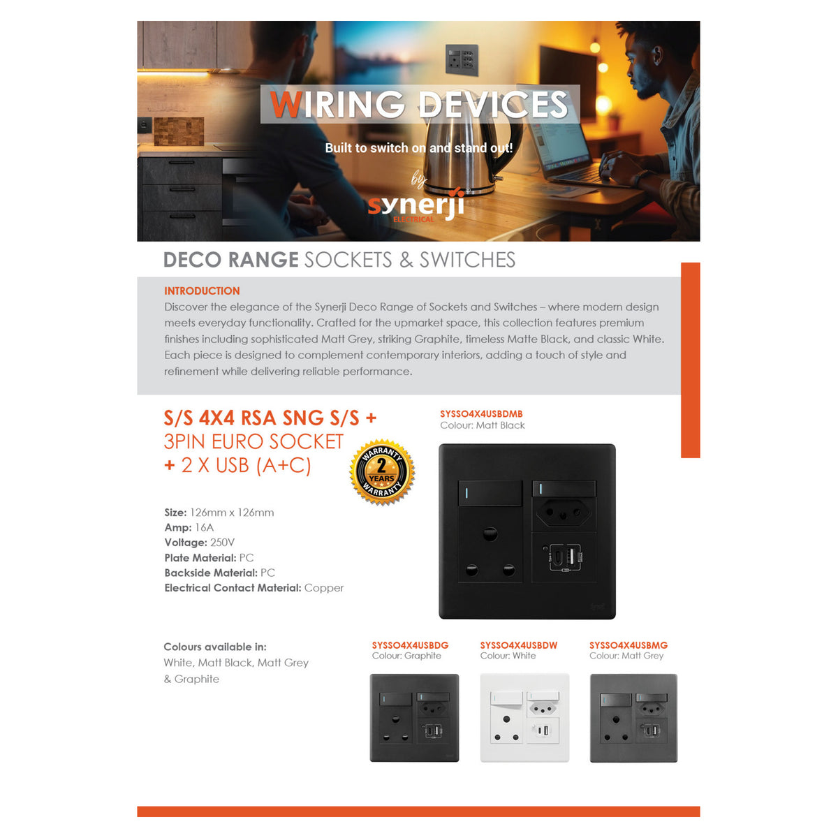 Synerji Deco 4x4 Wall Socket 16A with Euro Socket, USB-A & USB-C