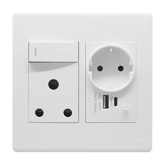 Synerji Deco 4x4 Wall Socket 16A with Euro Schuko Socket, USB-A & USB-C