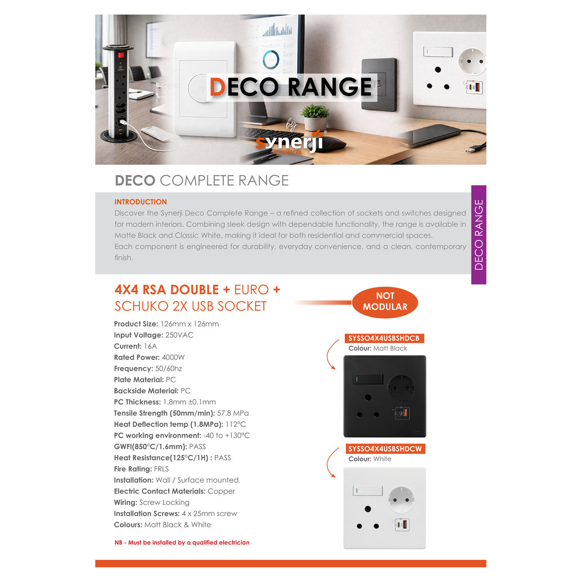 Synerji Deco 4x4 Wall Socket 16A with Euro Schuko Socket, USB-A & USB-C