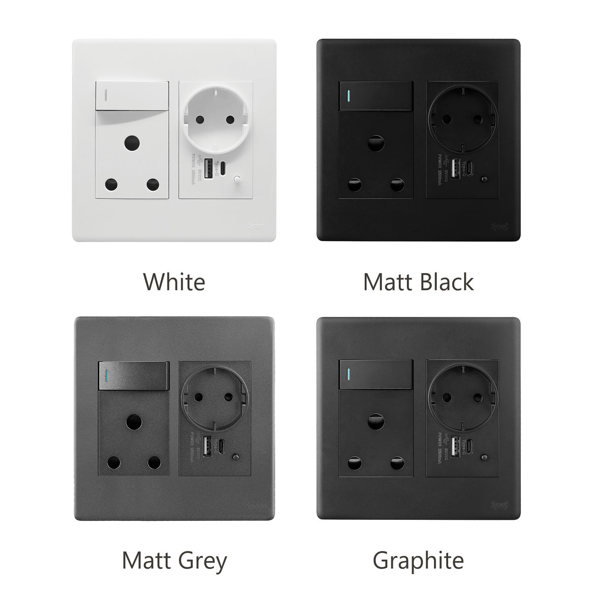 Synerji Deco 4x4 Wall Socket 16A with Euro Schuko Socket, USB-A & USB-C