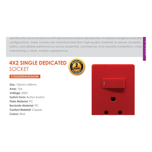 Synerji Deco 4x2 Dedicated Red Single Wall Socket 16A