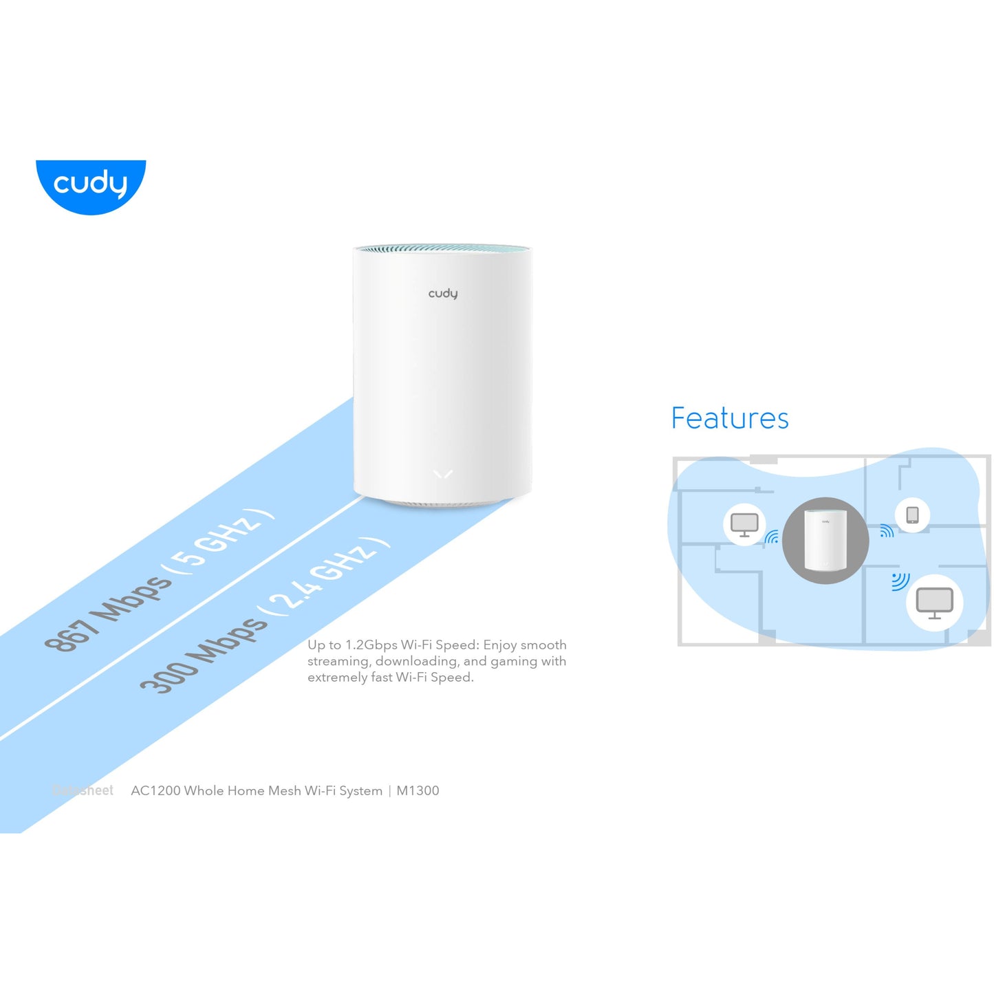 Cudy: Dual Band WiFi 5 1200Mbps Gigabit Mesh Router | M1300 (1-Pack)