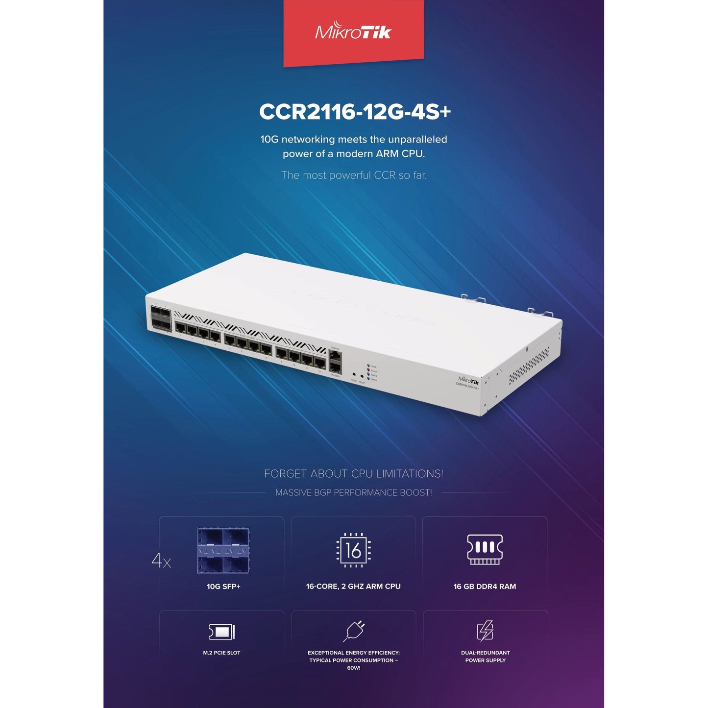 MikroTik Cloud Core 12 Port Gigabit 4SFP+ 16 Core Router | CCR2116-12G-4S+