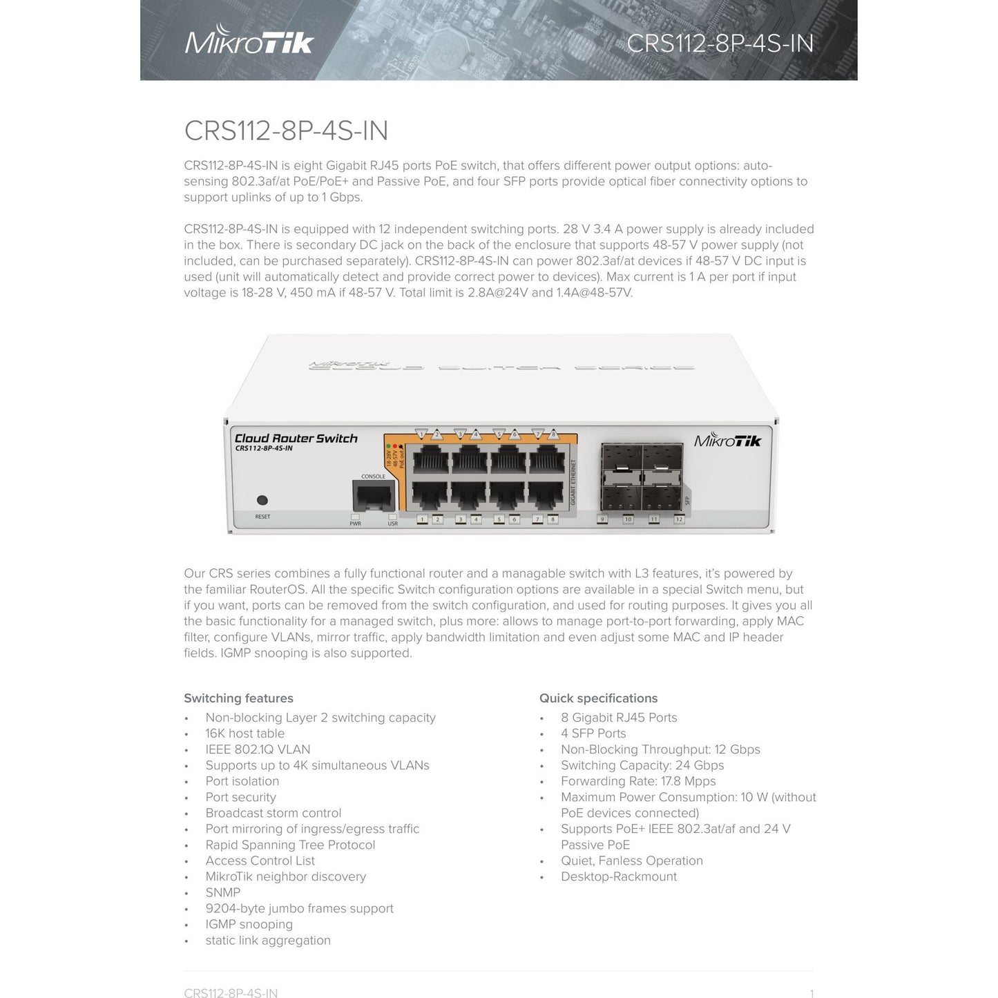 MikroTik Cloud Router Switch 8 Port PoE 4SFP | CRS112-8P-4S-IN