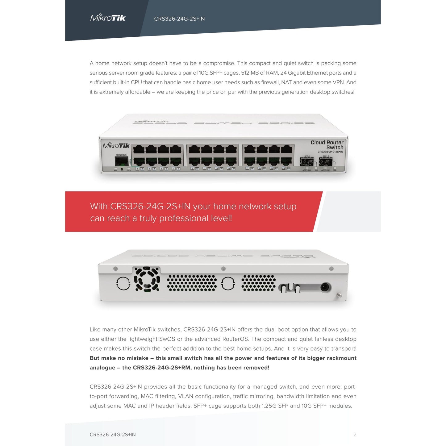 MikroTik Cloud Router Switch 24 Port Gigabit 2SFP+ | CRS326-24G-2S+RM