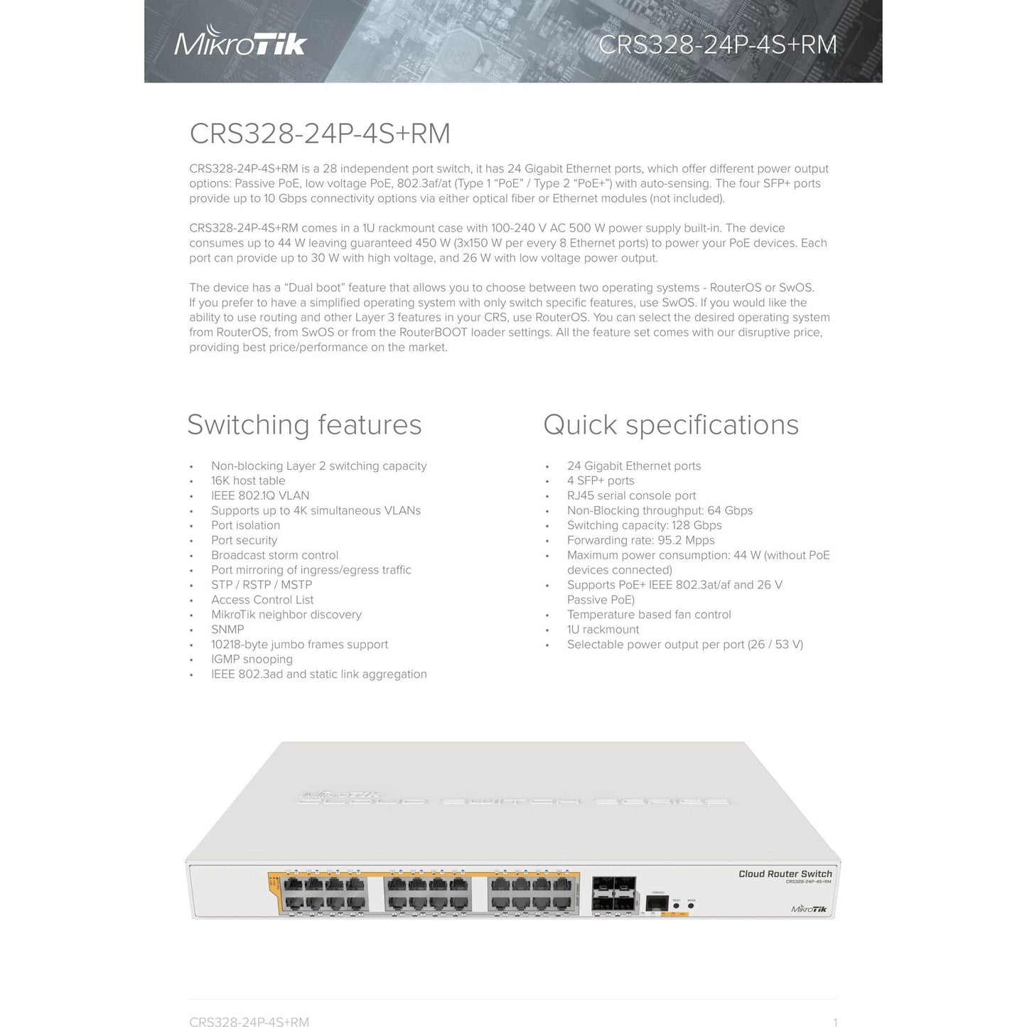 MikroTik Cloud Router Switch 24 Port PoE 450W 4SFP+| CRS328-24P-4S+RM