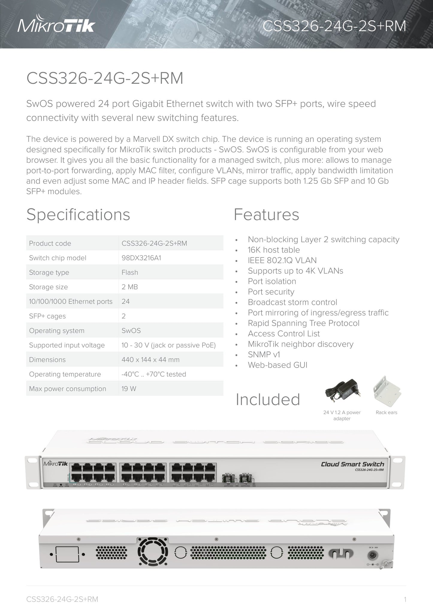 MikroTik SwOS Smart Switch 24 Port Gigabit 2SFP+ | CSS326-24G-2S+RM