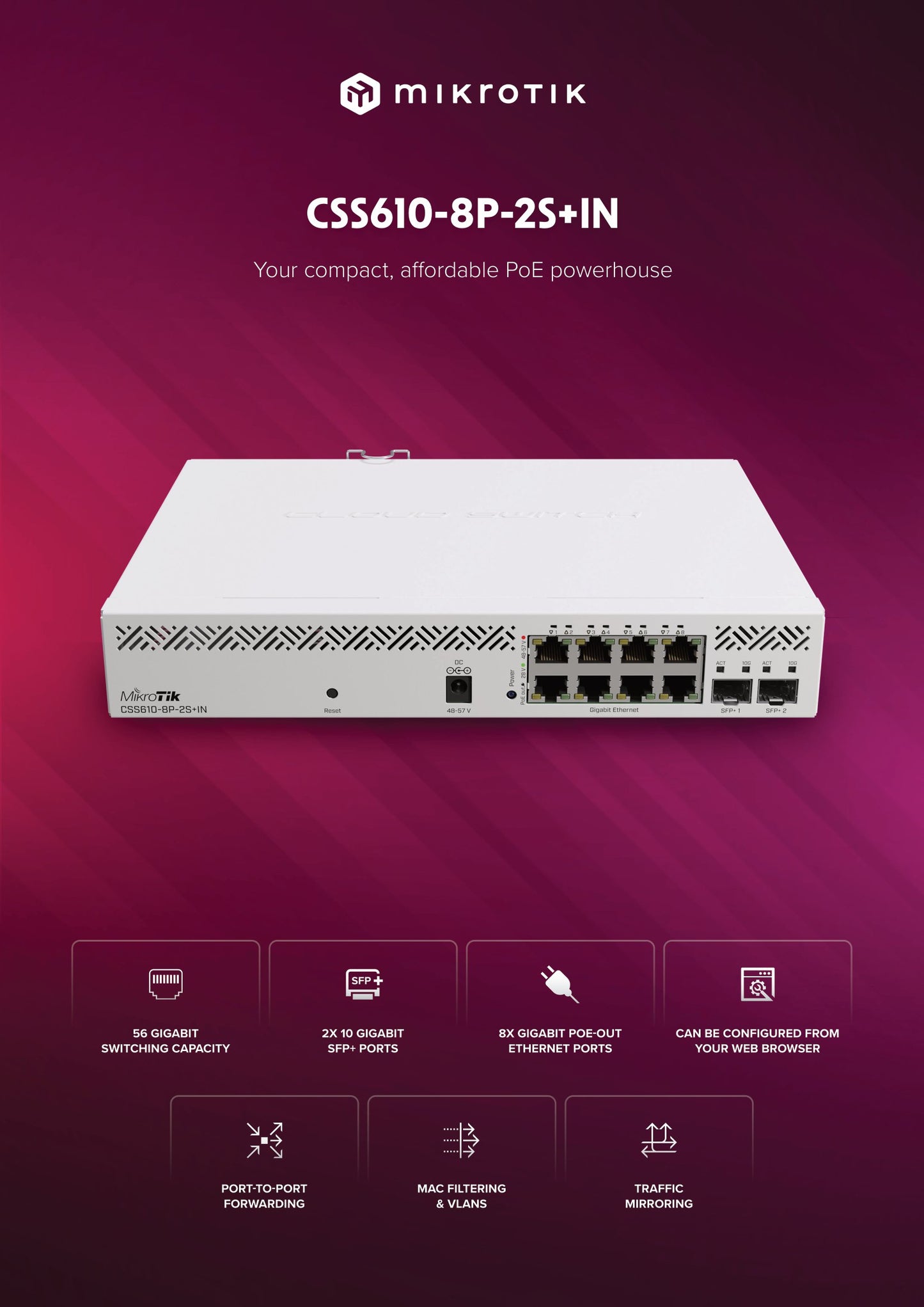 MikroTik SwoS Cloud Switch 8 Port PoE 2 SFP+ | CSS610-8P-2S+IN