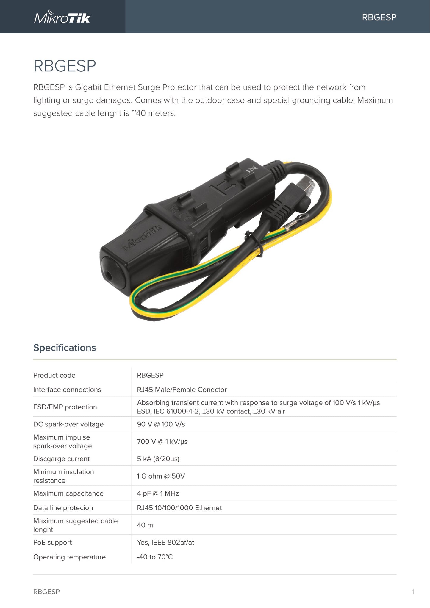 MikroTik Outdoor Gigabit Surge Protector with PoE | RBGESP