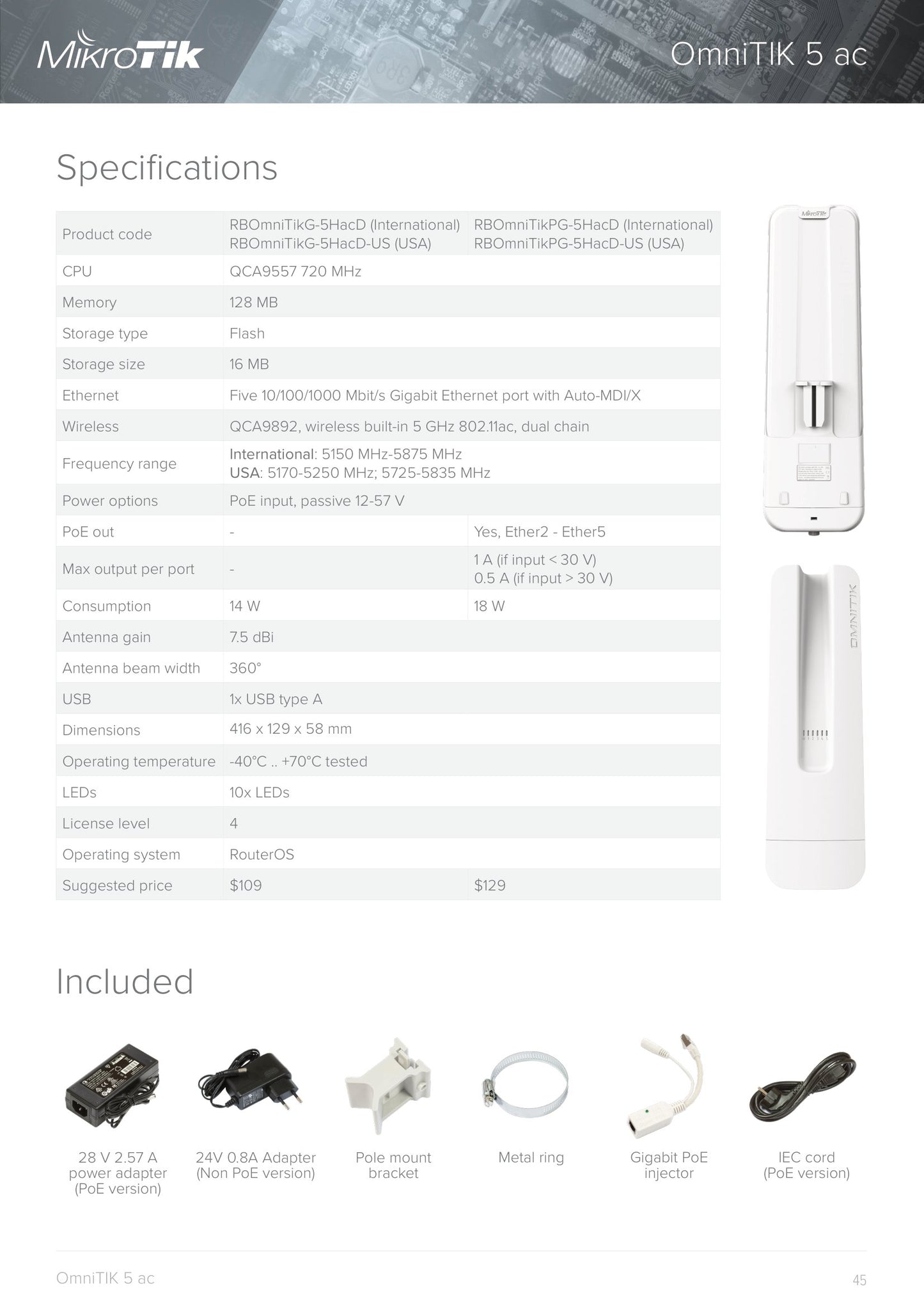 MikroTik OmniTIK 5ac 7.5dBi PoE Outdoor WiFi Omni AP | RBOmniTikPG-5HacD