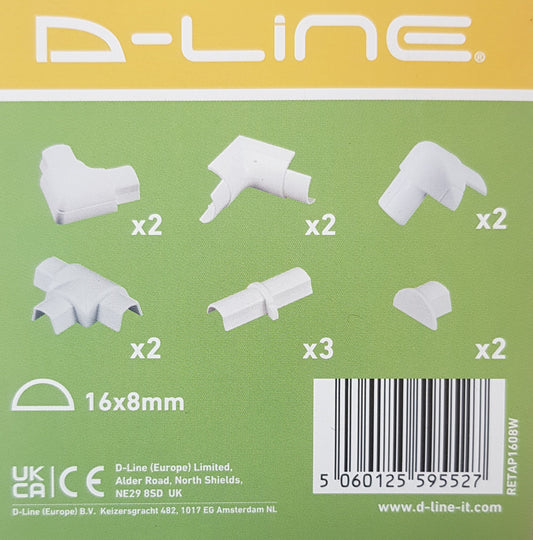 d-line Trunking Accessories pack: For 16mm x 8mm half round trunking, white: Bends, Ends and Adapters. (Copy)