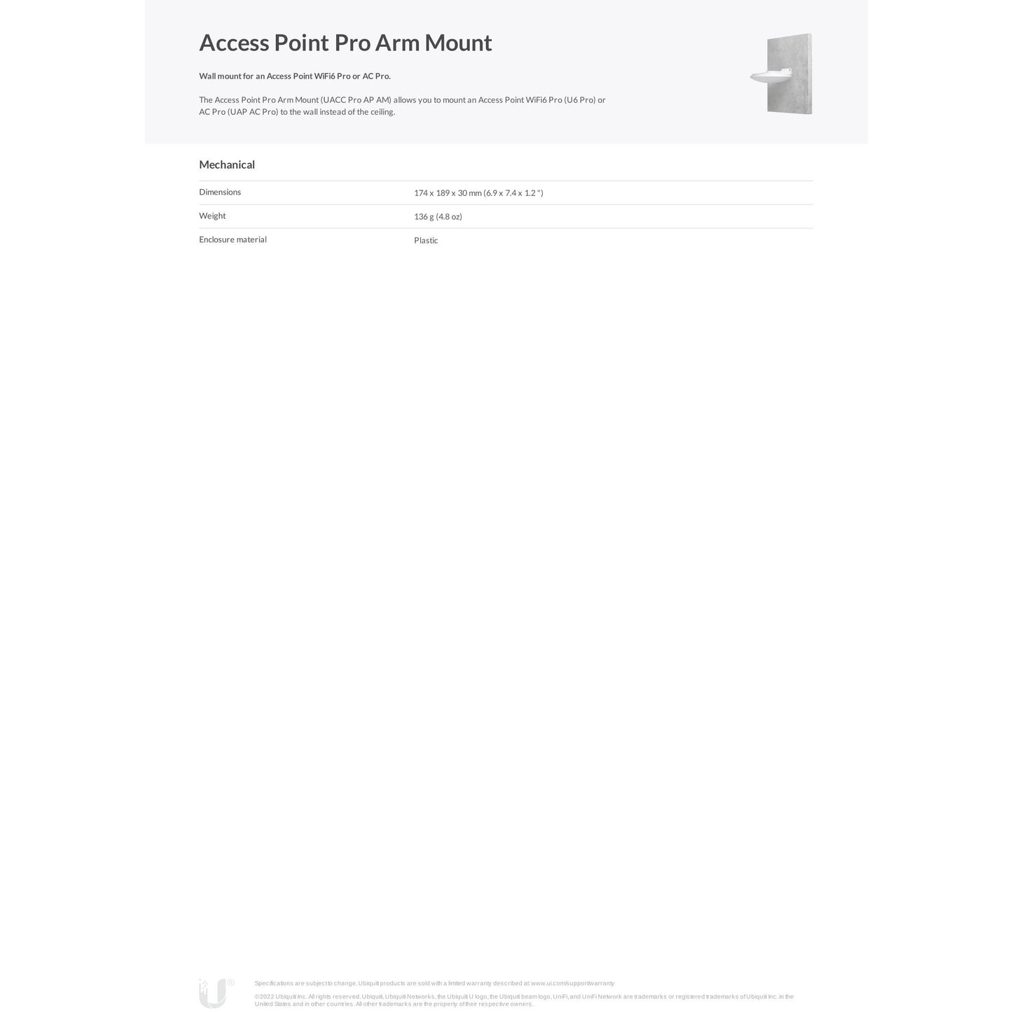 Ubiquiti Access Point Pro Arm Mount for UniFi Pro AP's | UACC-PRO-AP-AM