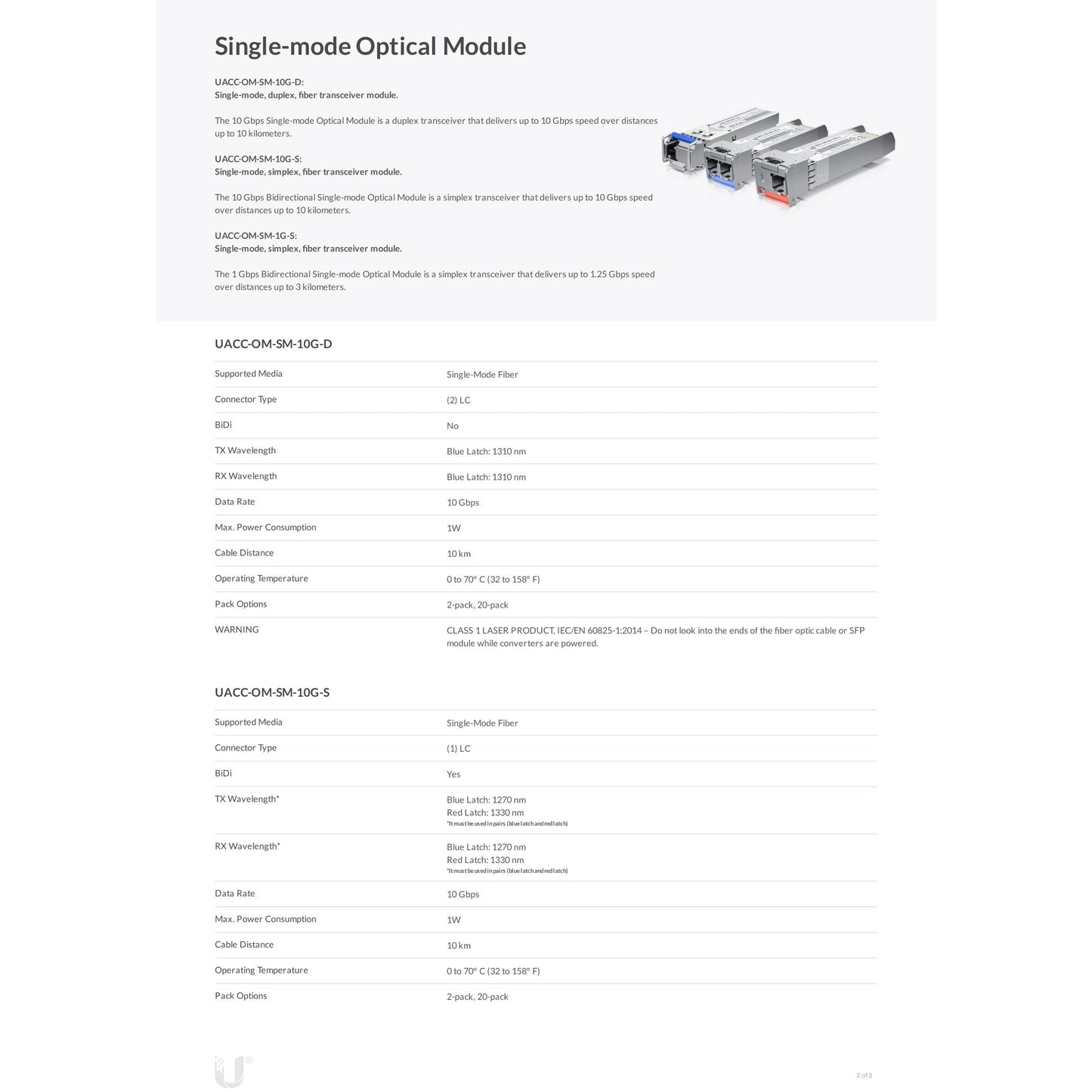 Ubiquiti Single Mode 1.25G LC Bi-Directional SFP 3km | UACC-OM-SM-1G-S-2