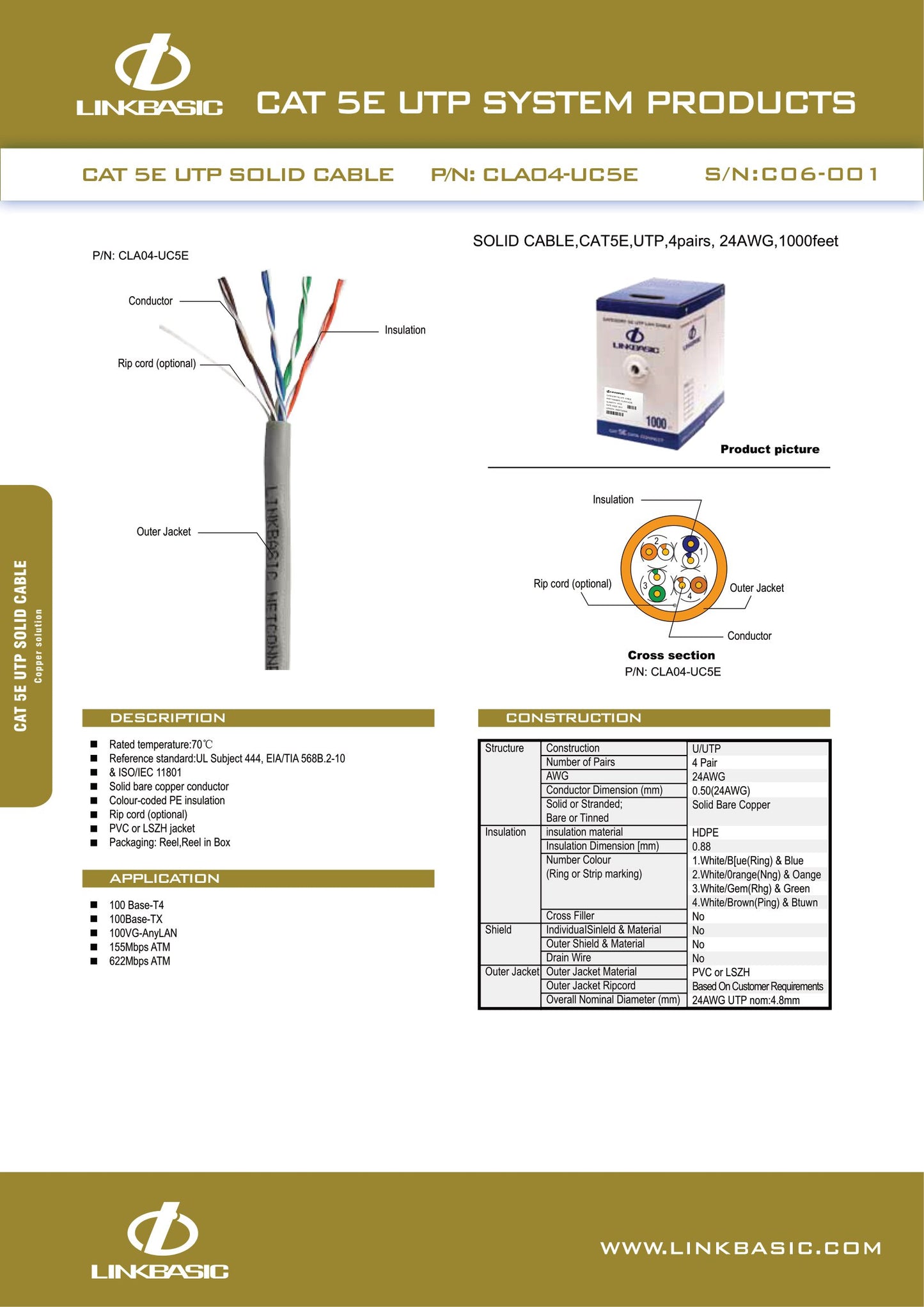 Linkbasic 305M Box Cat5e Solid UTP Network Cable