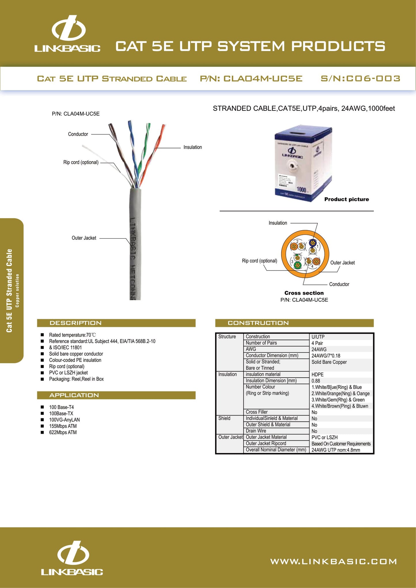 Linkbasic 305M Box Cat5e Stranded Grey UTP Network Cable