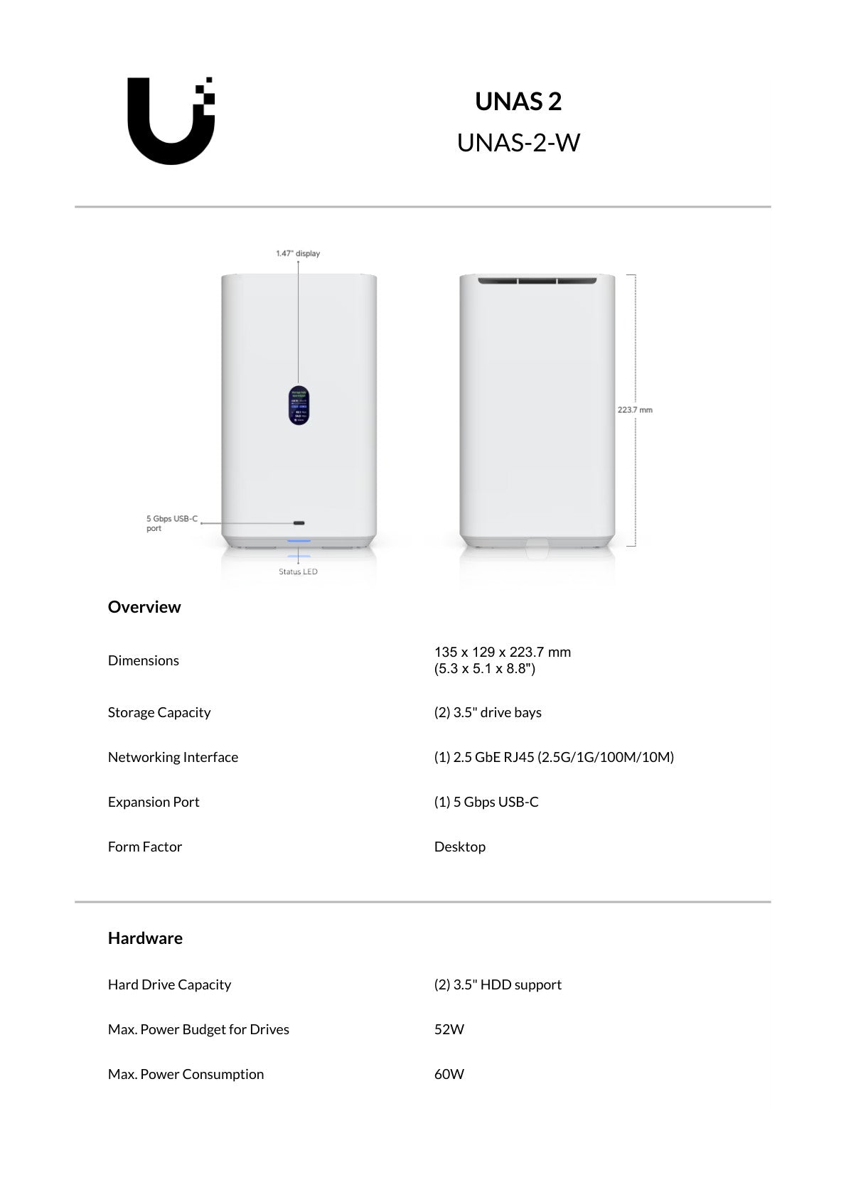 Ubiquiti UniFi White UNAS 2.5Gbps Ethernet 2x 3.5" HDD bays