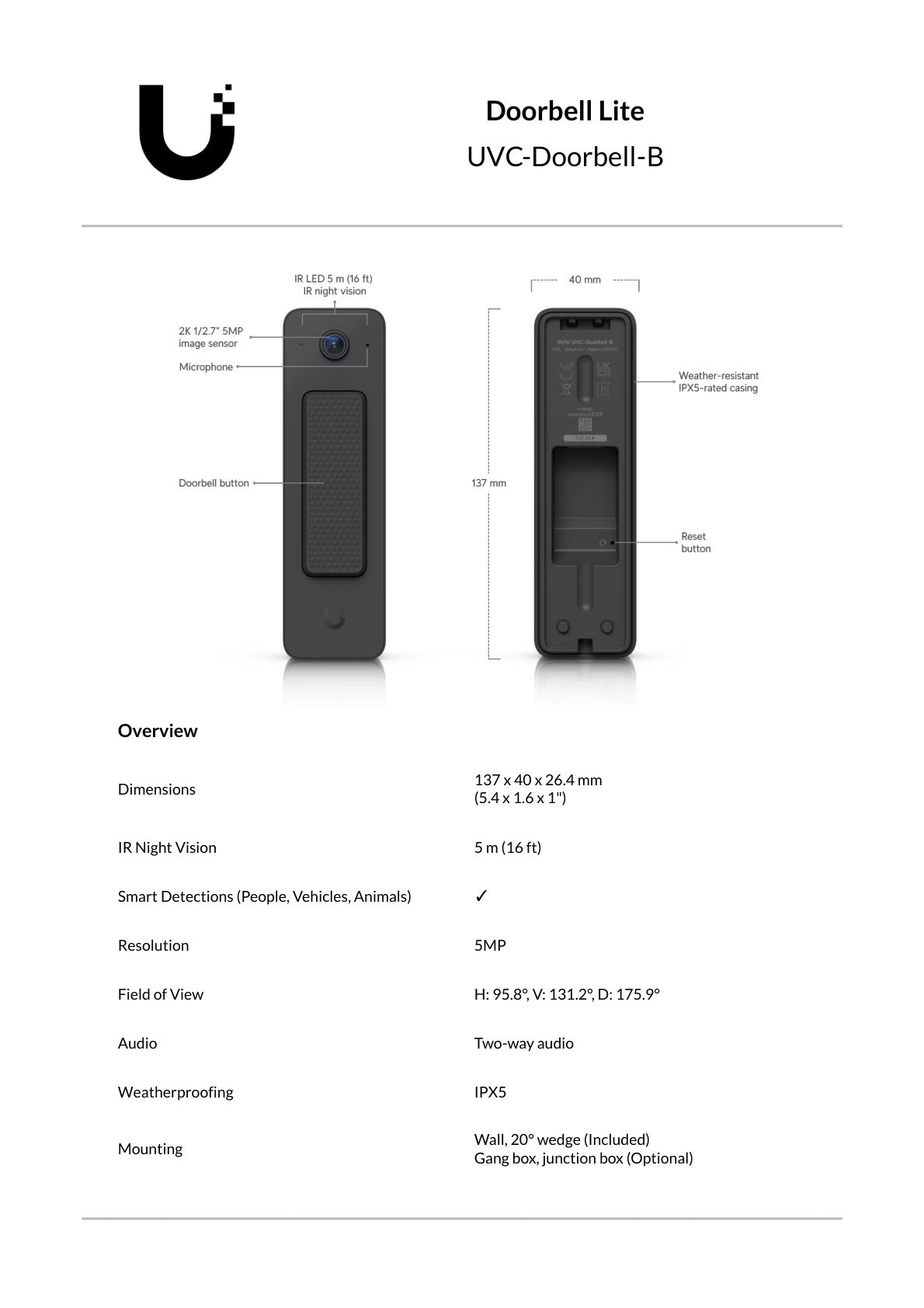 Ubiquiti UniFi Protect Doorbell Lite 5MP Black