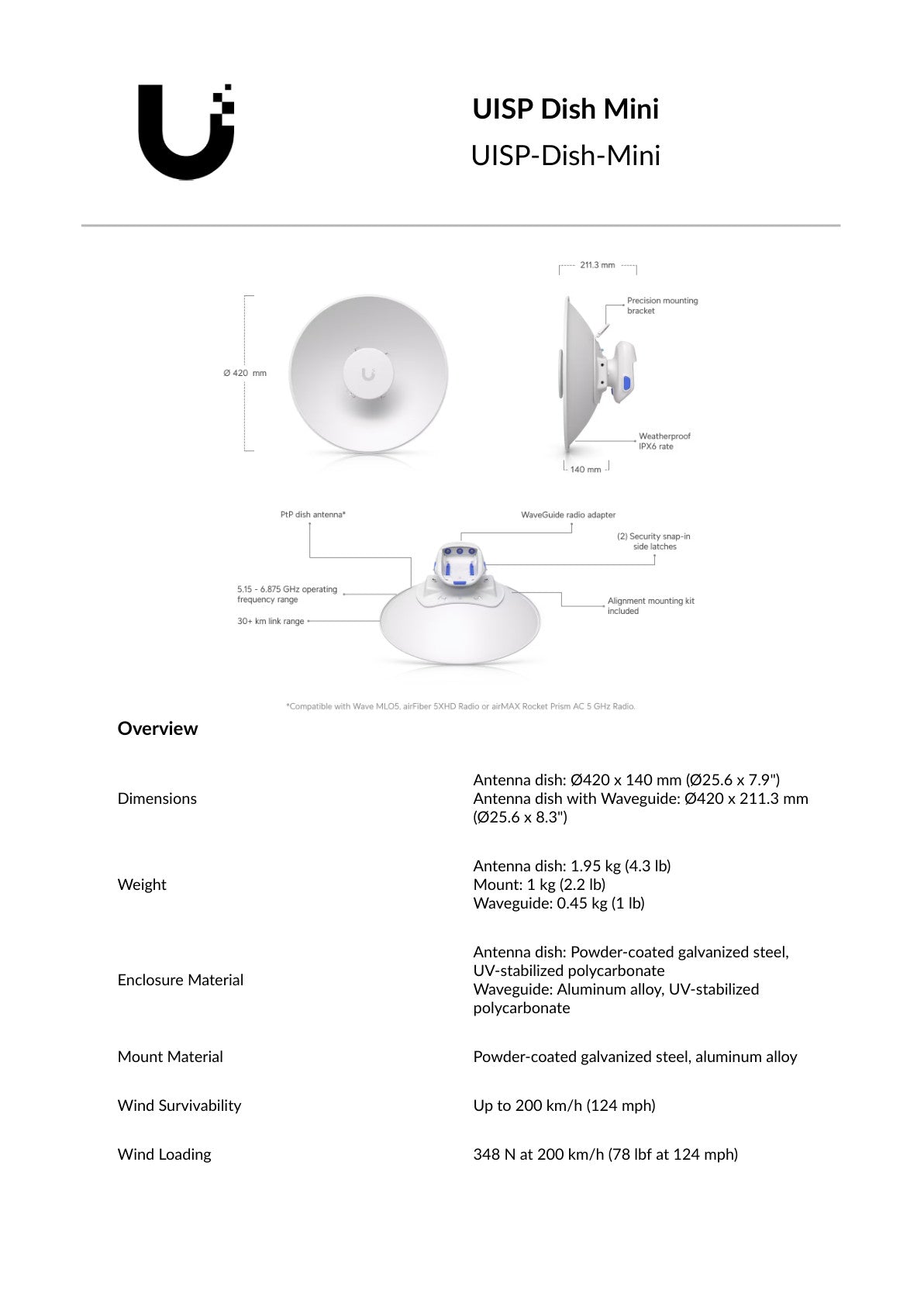 Ubiquiti UISP Dish Mini 5GHz-7GHz 26dBi Antenna
