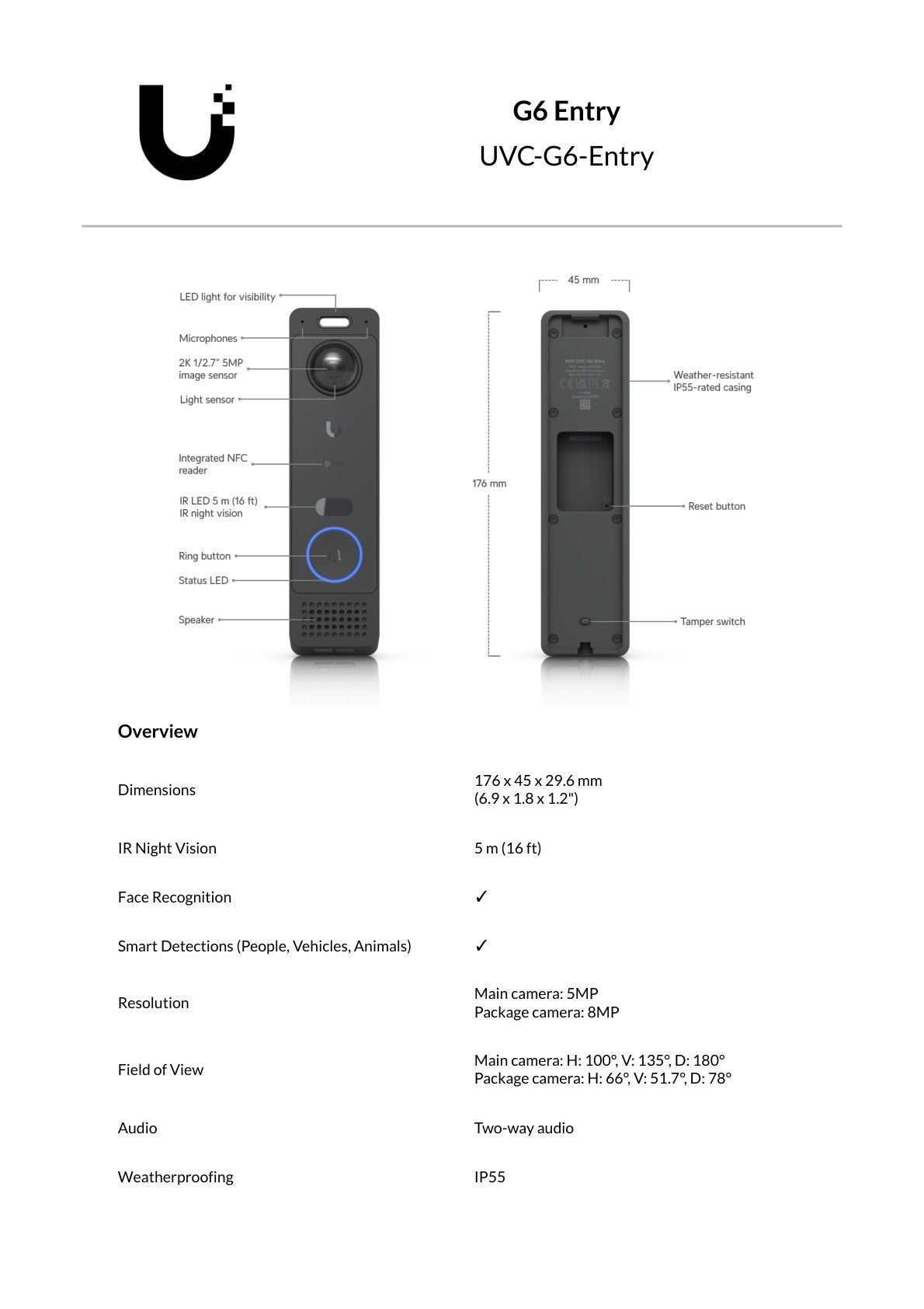 Ubiquiti UniFi Protect Dual Camera G6 Entry Black