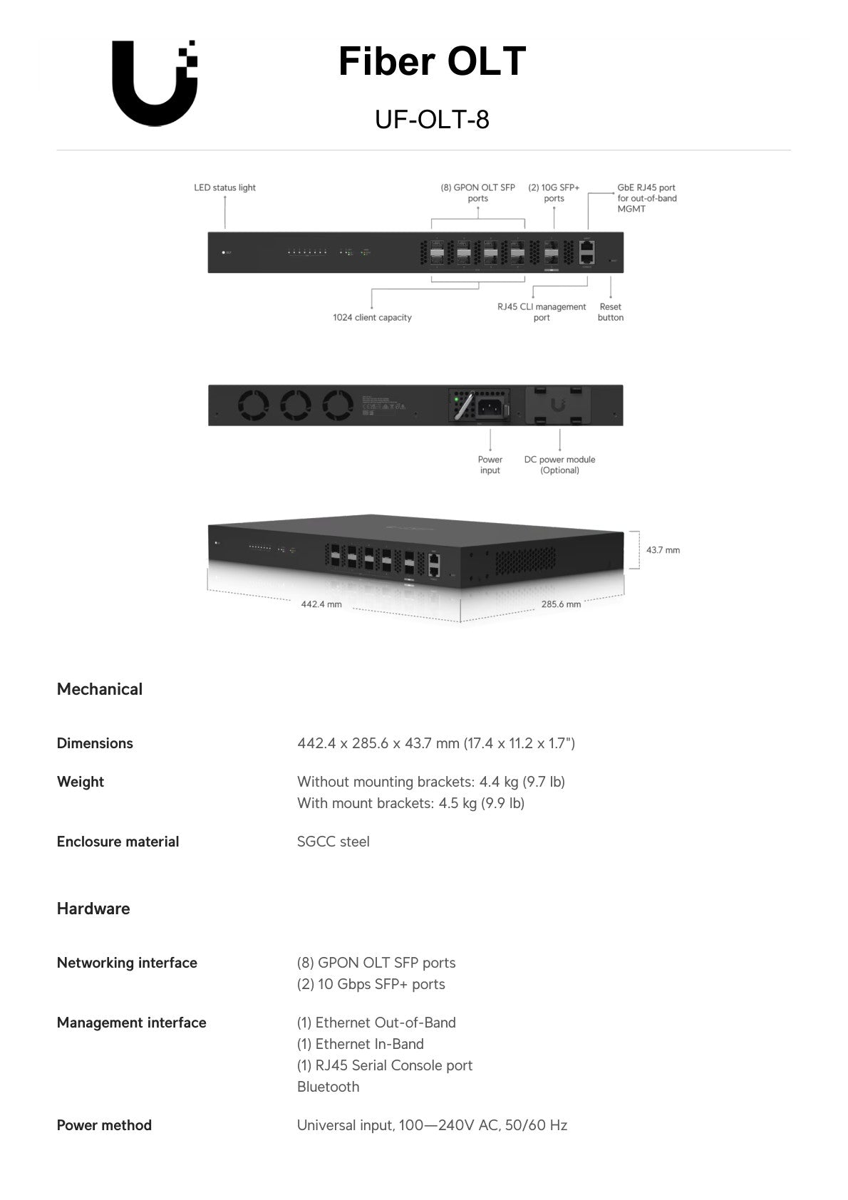 Ubiquiti UISP Fiber GPON OLT 8 PON Ports 2SFP+