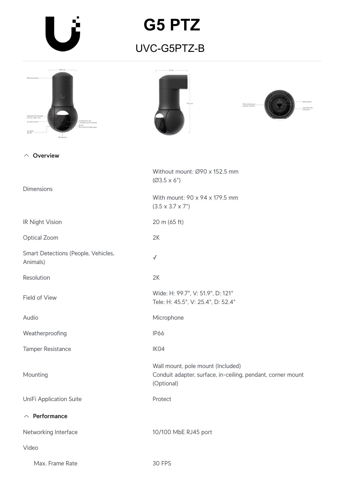 Ubiquiti UniFi Protect G5 PTZ 4MP Black IP Camera