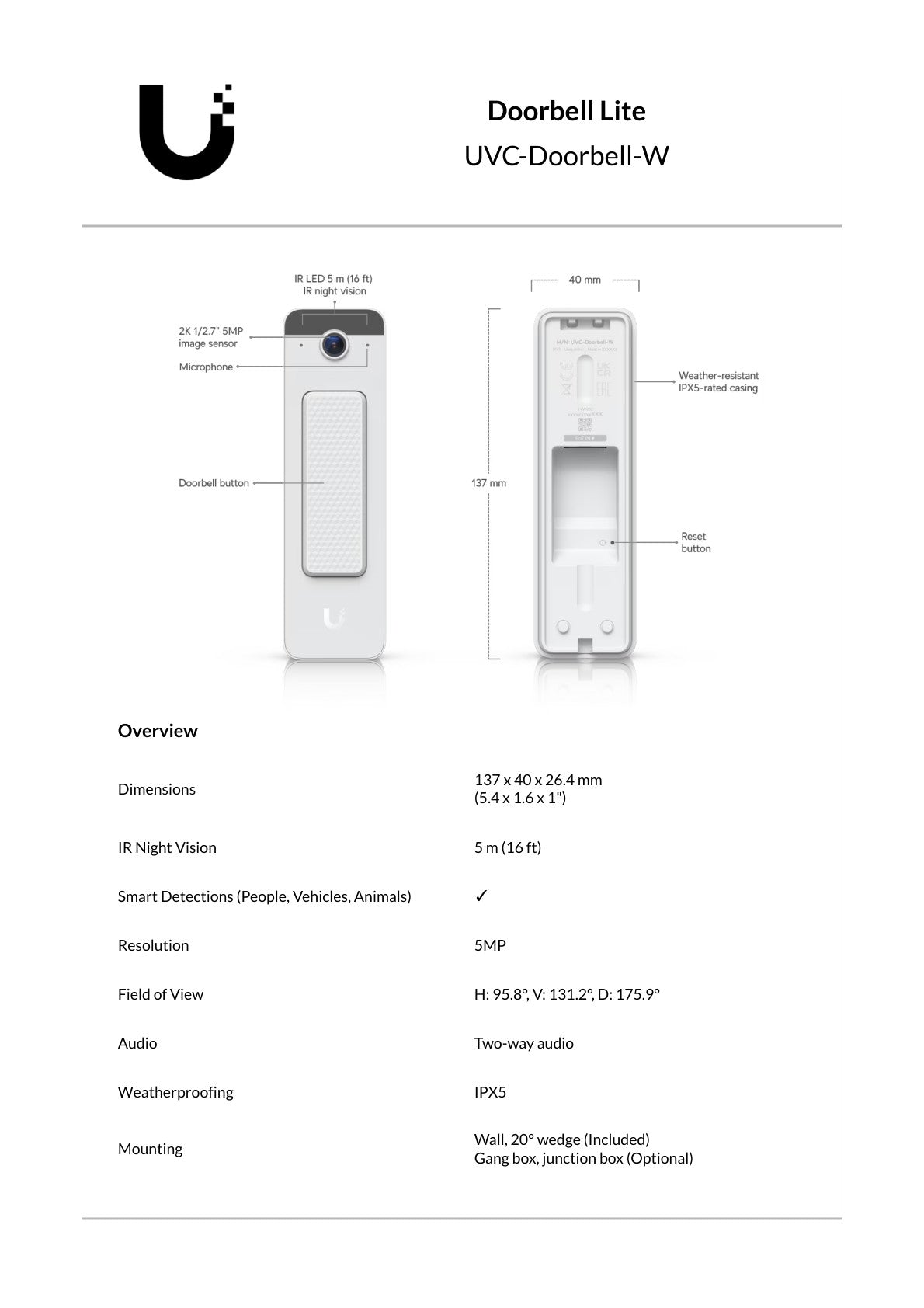 Ubiquiti UniFi Protect Doorbell Lite 5MP White