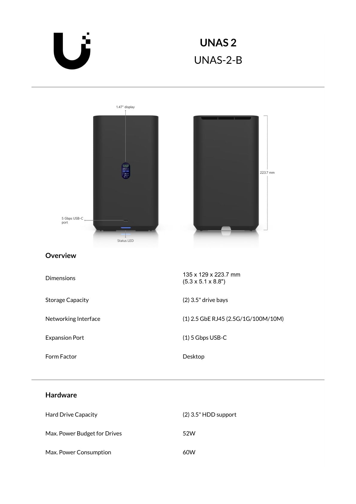 Ubiquiti UniFi Black UNAS 2.5Gbps Ethernet 2x 3.5" HDD bays