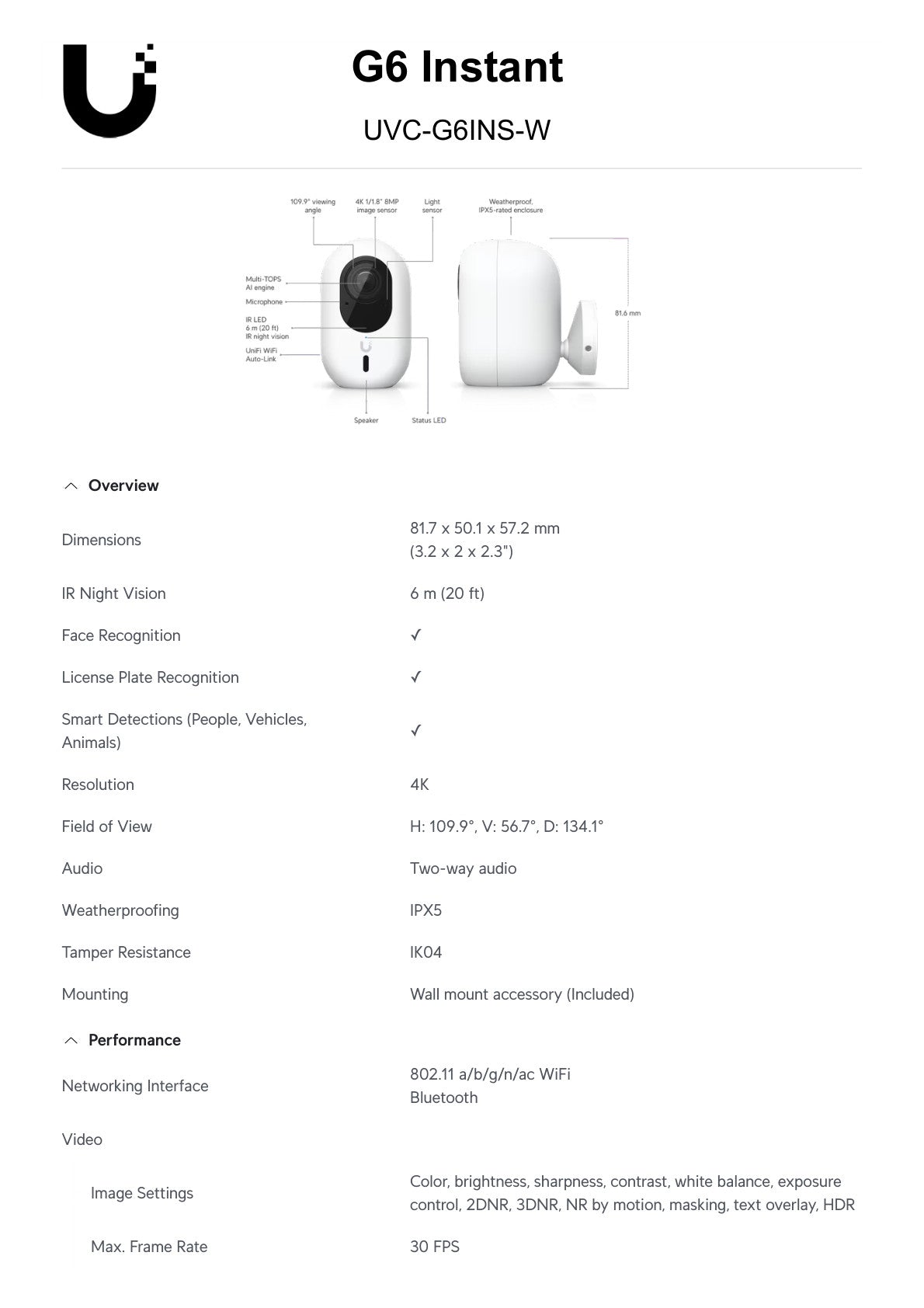 Ubiquiti UniFi Protect G6 Instant 8MP White WiFi 5 IP Camera