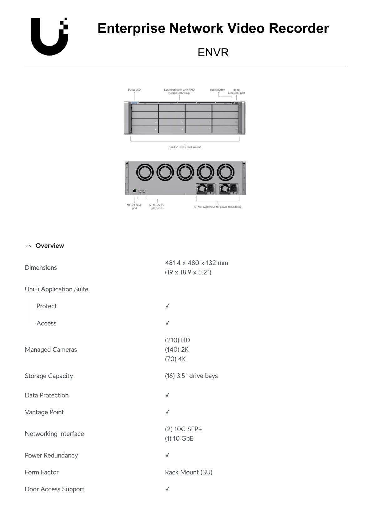 Ubiquiti UniFi Protect 3U 16 Bay 2SFP+ Enterprise Network Video Recorder