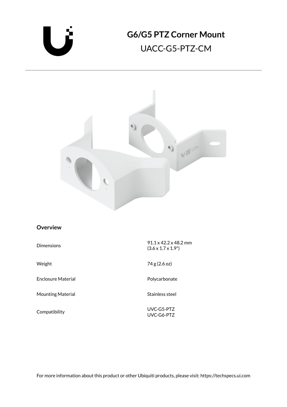 Ubiquiti UniFi Protect G5/G6 White PTZ Corner Mount