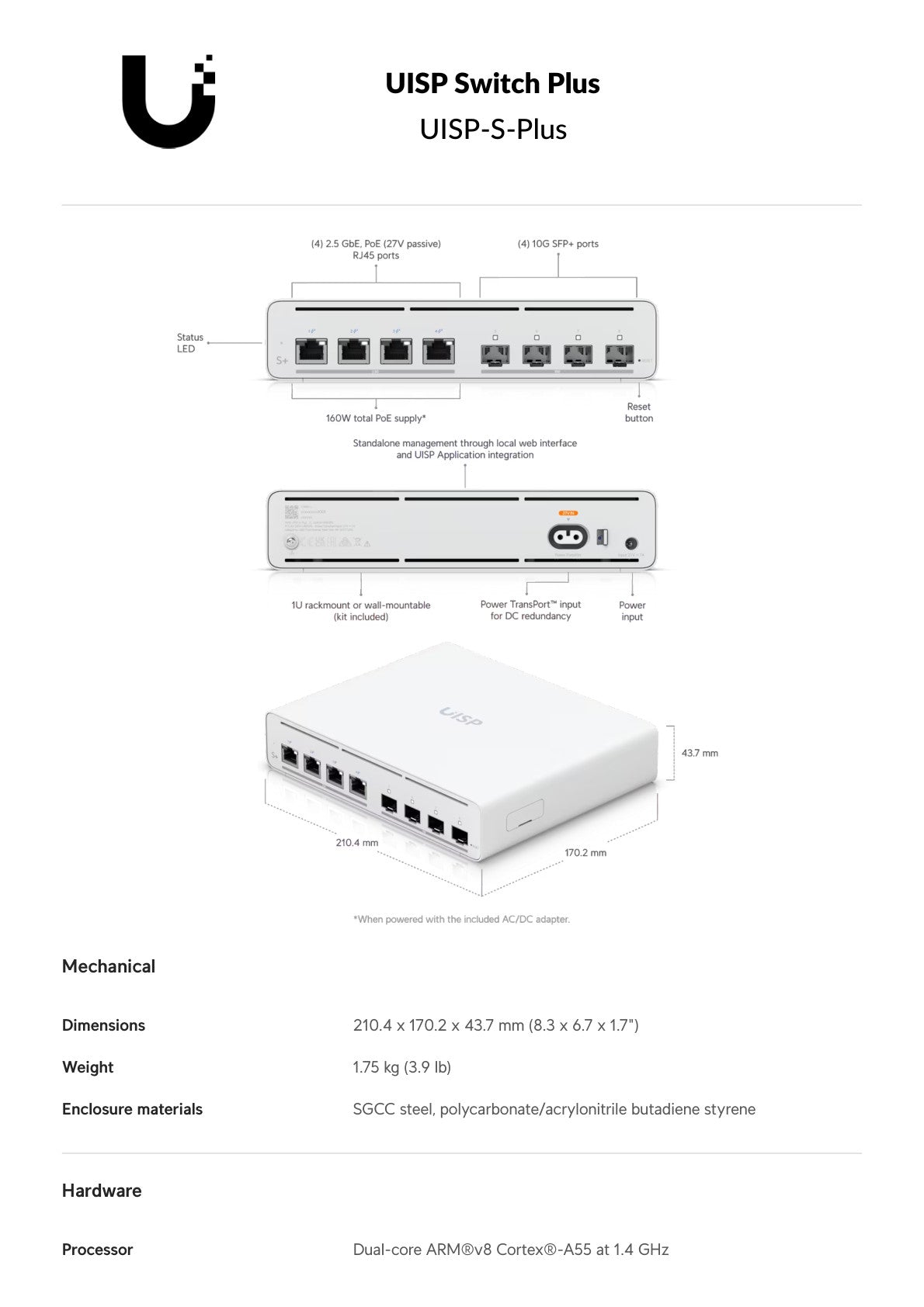 Ubiquiti UISP Switch Plus 4 Port 2.5Gbps PoE 4xSFP+ 160W