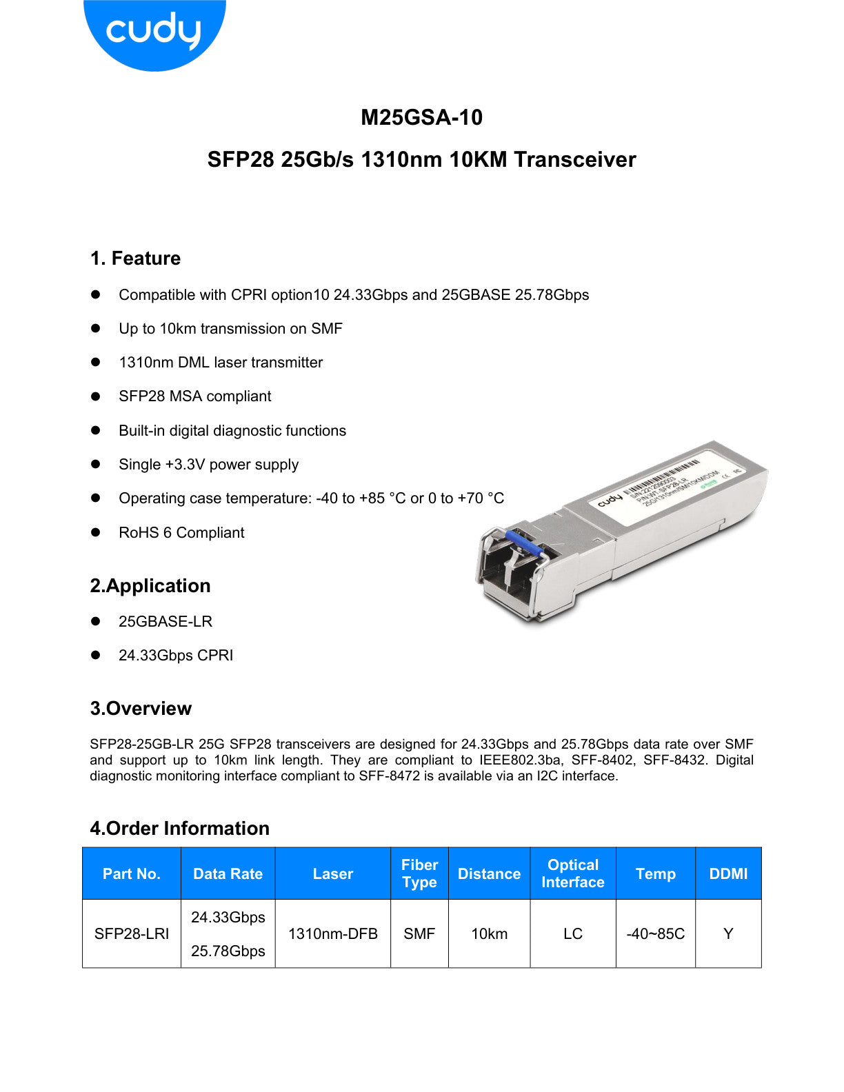Cudy Single Mode 25G LC SFP28 1310nm 10km