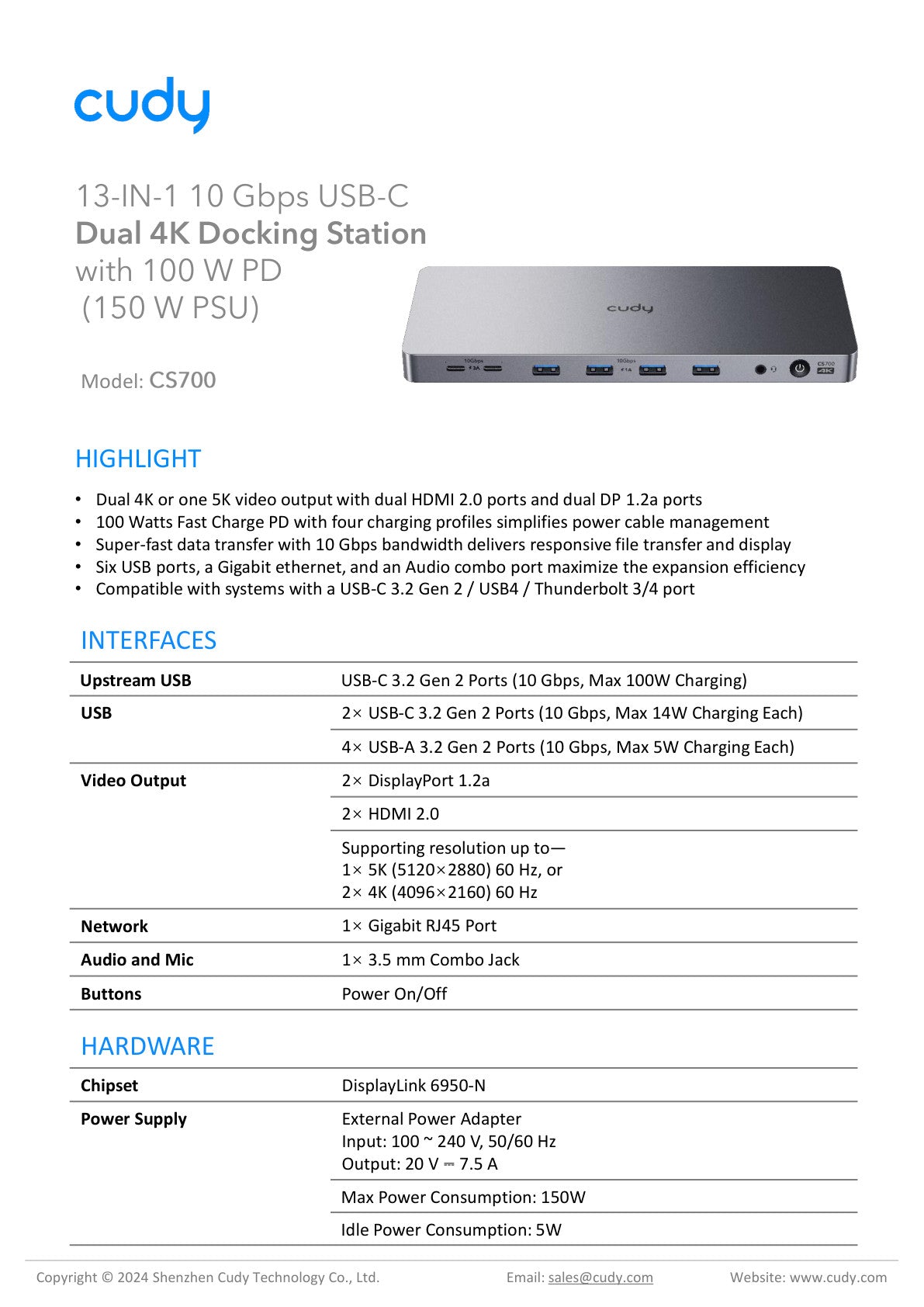 Cudy Dual 4K 10Gbps USB-A & USB-C Gigabit Ethernet Docking Station