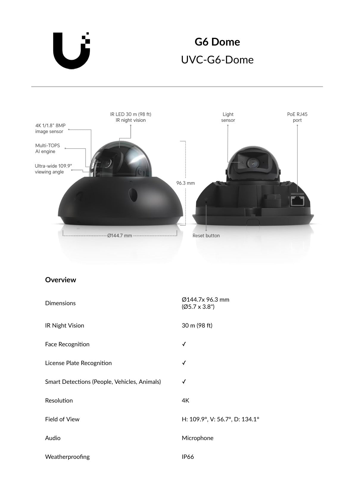 Ubiquiti UniFi Protect G6 Dome 8MP Black IP Camera