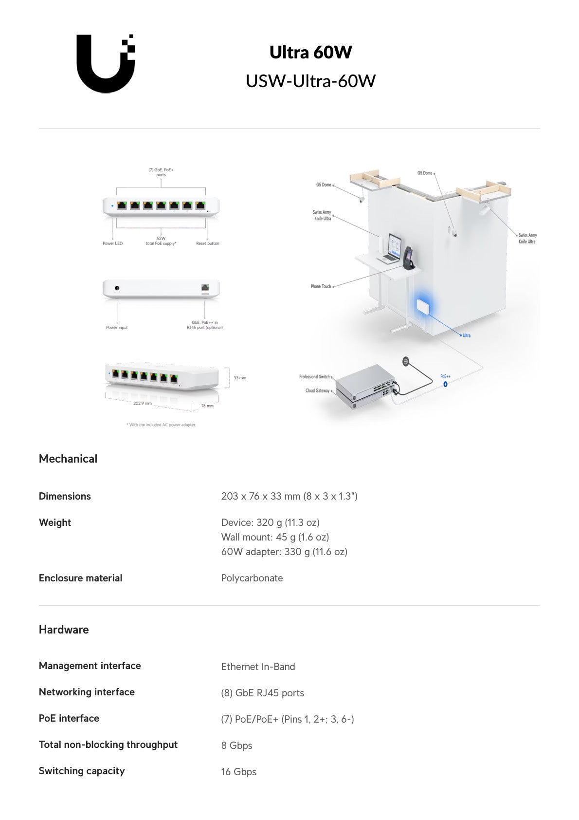 Ubiquiti UniFi Switch Ultra 8 Port Gigabit 1PoE Input 7 PoE Out 52W
