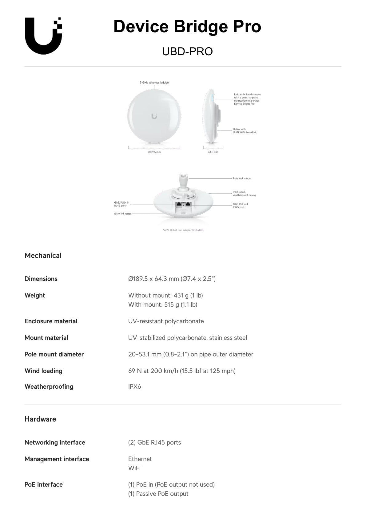 Ubiquiti UniFi Device Bridge Pro with PoE Input and PoE Output